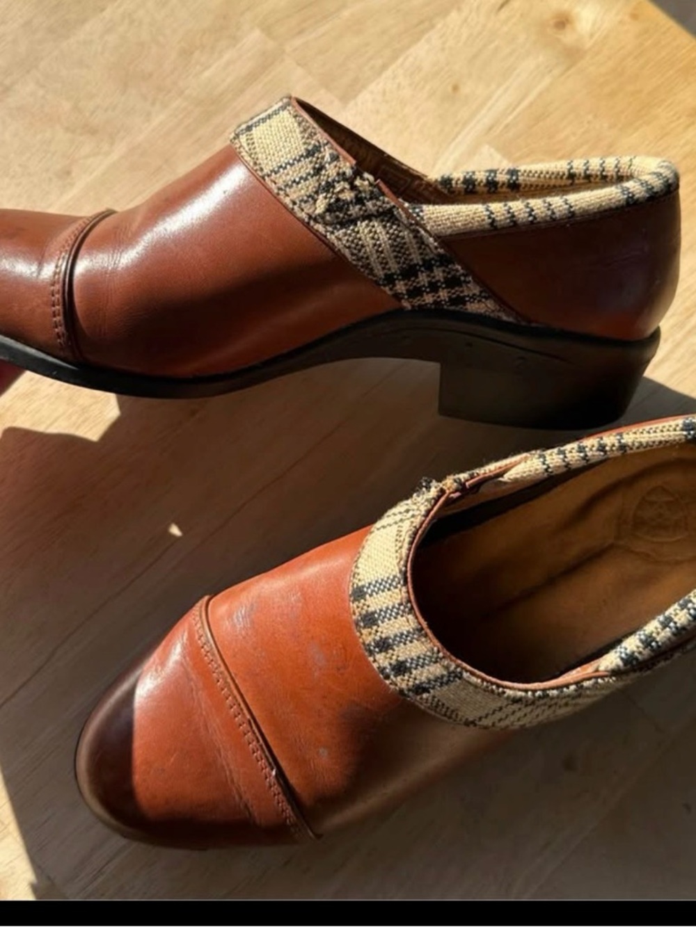 Womens Ariat Brown Leather Slip-On Heels with Plaid Trim